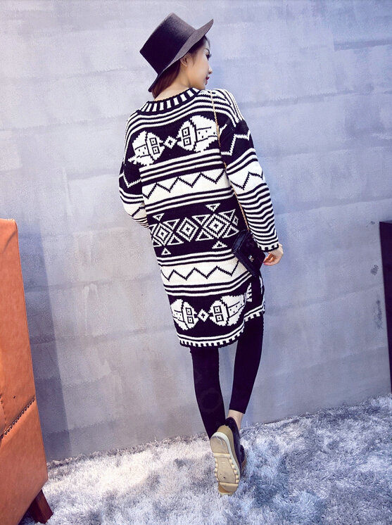 Winter Fashion Sweater Cardigan Coat Women Loose Warm Flat Knitted - Blue White