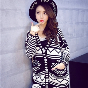 Winter Fashion Sweater Cardigan Coat Women Loose Warm Flat Knitted - Blue White