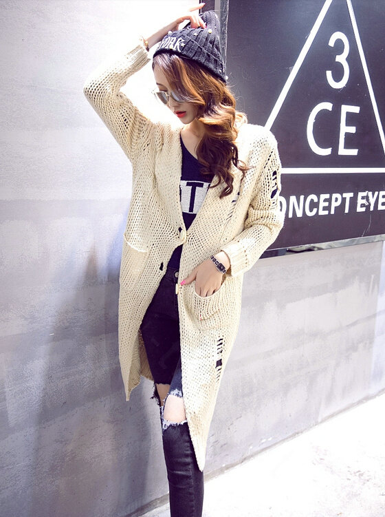 Winter Fashion Sweater Cardigan Thick Coat Girls Long Hole Pocket - Beige