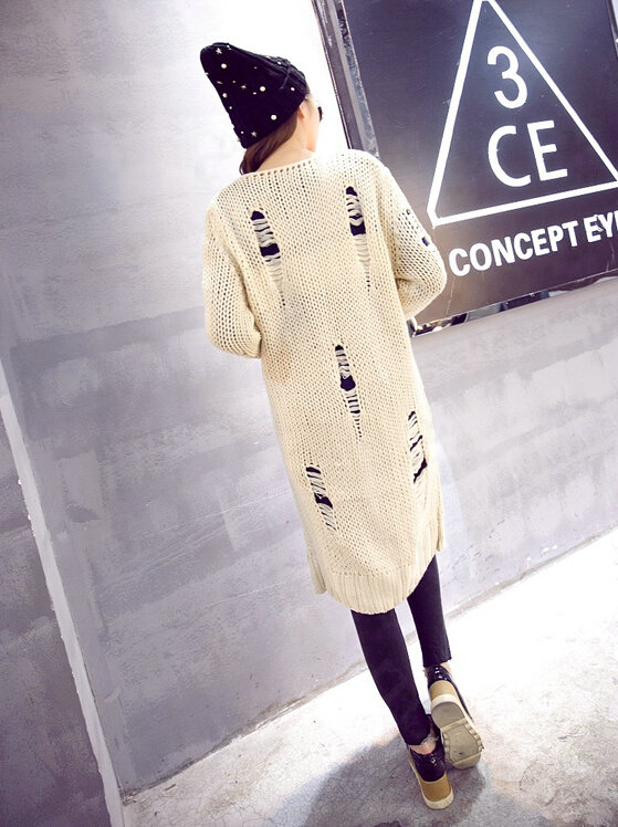 Winter Fashion Sweater Cardigan Thick Coat Girls Long Hole Pocket - Beige