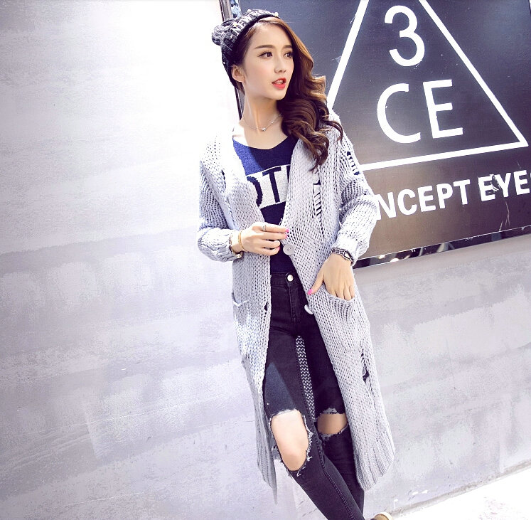 Winter Fashion Sweater Cardigan Thick Coat Girls Long Hole Pocket - Grey