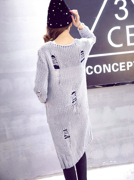 Winter Fashion Sweater Cardigan Thick Coat Girls Long Hole Pocket - Grey