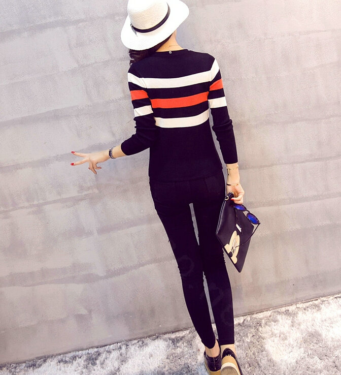 Winter Fashion Sweater Female Color Stripe Flat Knitted Short Full Sleeve - Black