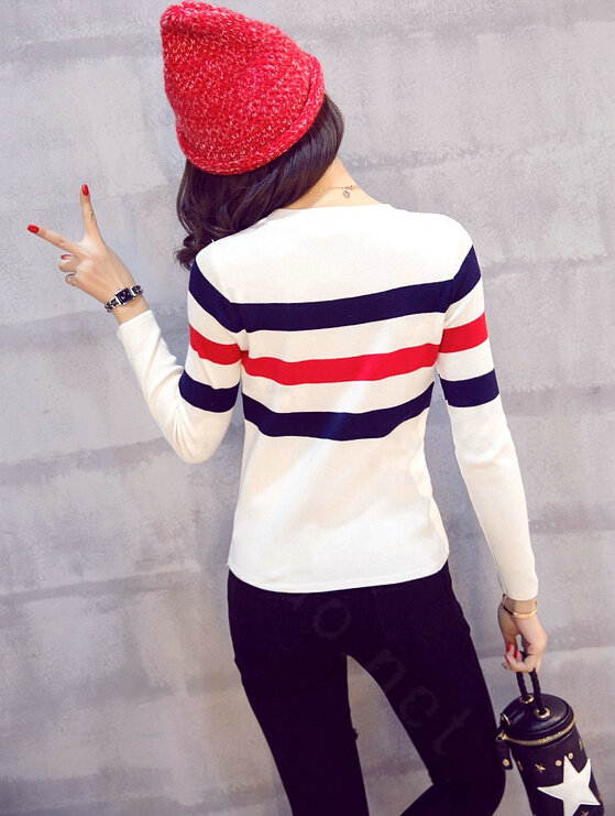 Winter Fashion Sweater Female Color Stripe Flat Knitted Short Full Sleeve - White Black