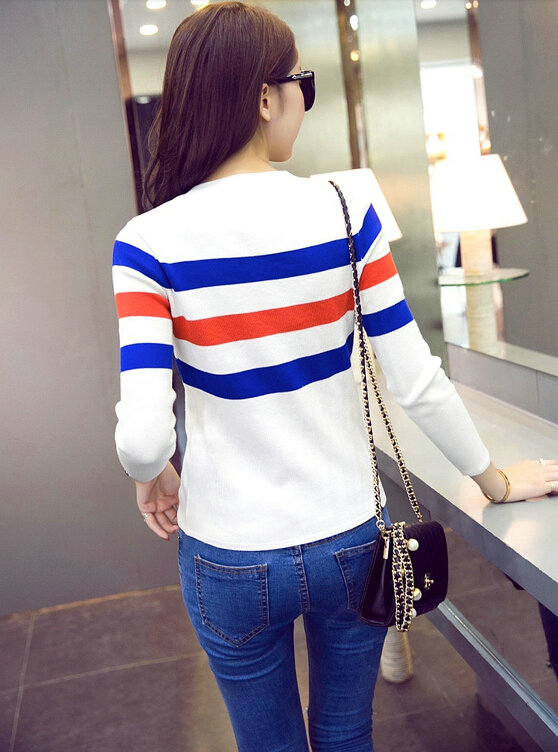 Winter Fashion Sweater Female Color Stripe Flat Knitted Short Full Sleeve - White Blue