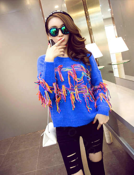 Winter Fashion Sweater Female Tassel Patchwork Hand Knitted Color Mosaic - Blue