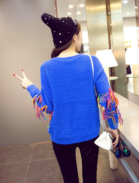 Winter Fashion Sweater Female Tassel Patchwork Hand Knitted Color Mosaic - Blue