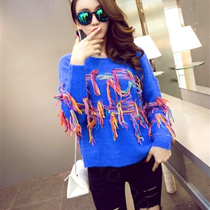 Winter Fashion Sweater Female Tassel Patchwork Hand Knitted Color Mosaic - Blue