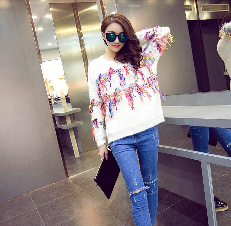 Winter Fashion Sweater Female Tassel Patchwork Hand Knitted Color Mosaic - White