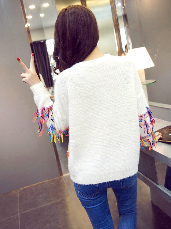 Winter Fashion Sweater Female Tassel Patchwork Hand Knitted Color Mosaic - White