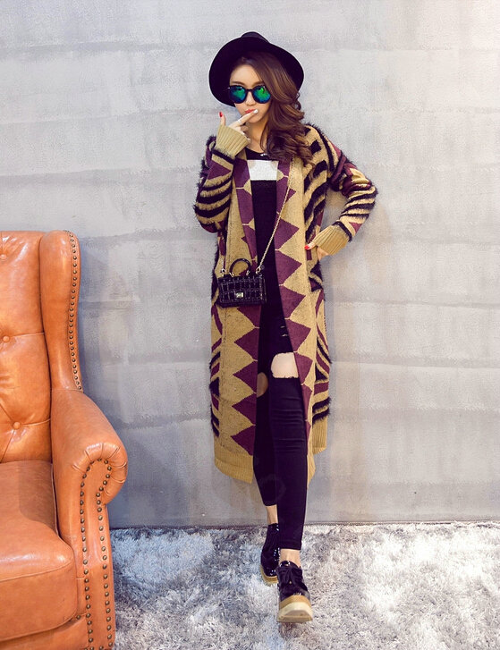 Winter Fashion Sweater Slim Female Cardigan Coat Street Tide Geometric - Orange