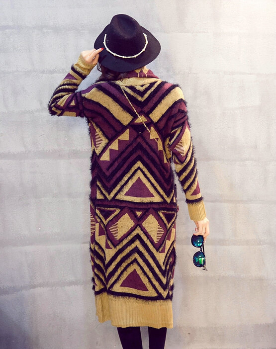 Winter Fashion Sweater Slim Female Cardigan Coat Street Tide Geometric - Orange