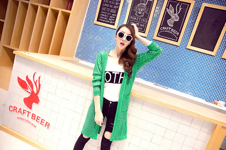 Winter Loose Sweater Cardigan Coat Flat Knitted V-Neck - Green