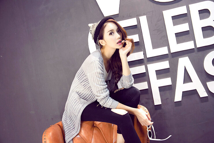 Winter Loose Sweater Cardigan Coat Flat Knitted V-Neck - Grey