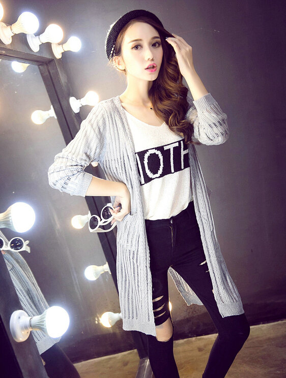 Winter Loose Sweater Cardigan Coat Flat Knitted V-Neck - Grey