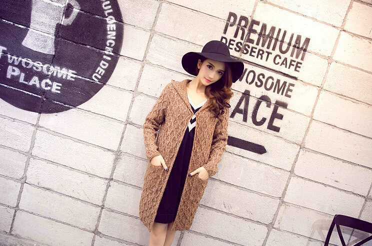Winter Street Sweater Coat Pockets Slim Hooded Thick Warm Cardigans - Khaki