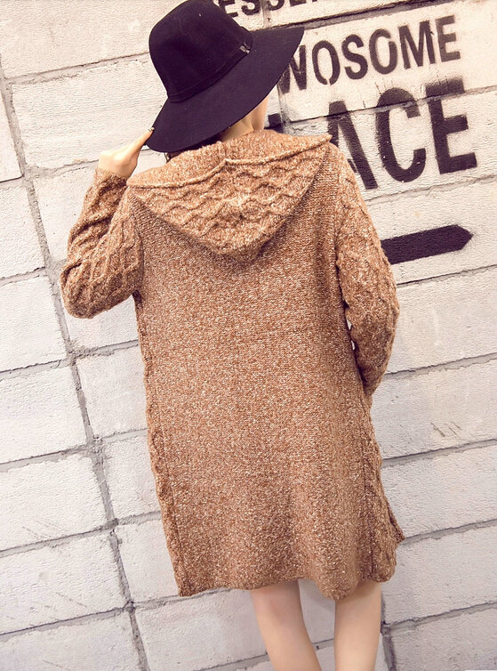 Winter Street Sweater Coat Pockets Slim Hooded Thick Warm Cardigans - Khaki