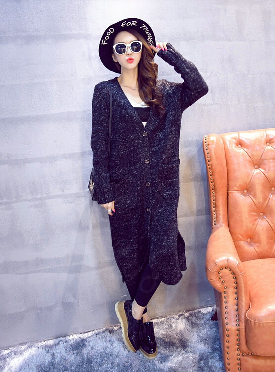 Winter Sweater Cardigan Coat Female Long Thin Thick Pocket - Black
