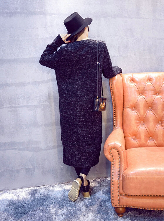 Winter Sweater Cardigan Coat Female Long Thin Thick Pocket - Black