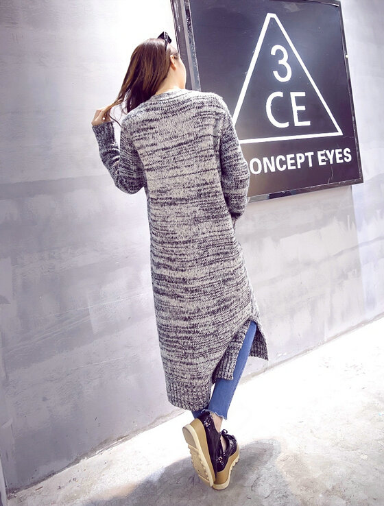 Winter Sweater Cardigan Coat Female Long Thin Thick Pocket - Grey