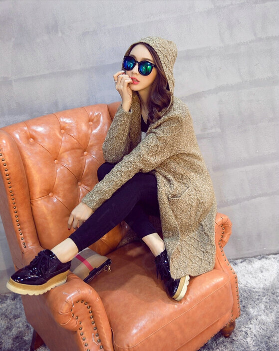Winter Sweater Cardigan Coat Girls Long Hooded Collar Pockets Thick - Khaki
