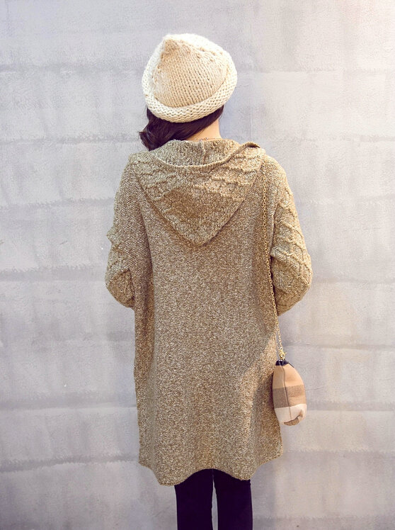 Winter Sweater Cardigan Coat Girls Long Hooded Collar Pockets Thick - Khaki