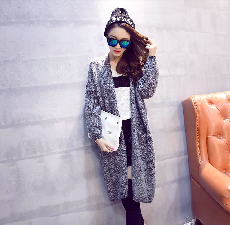 Winter Sweater Cardigan Coat Girls Long Loose Pocket Thick - Grey