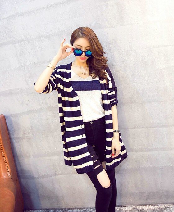 Winter Sweater Cardigan Coat Girls Long Striped Loose Large Size - Black