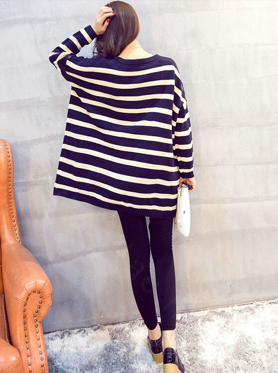 Winter Sweater Cardigan Coat Girls Long Striped Loose Large Size - Black
