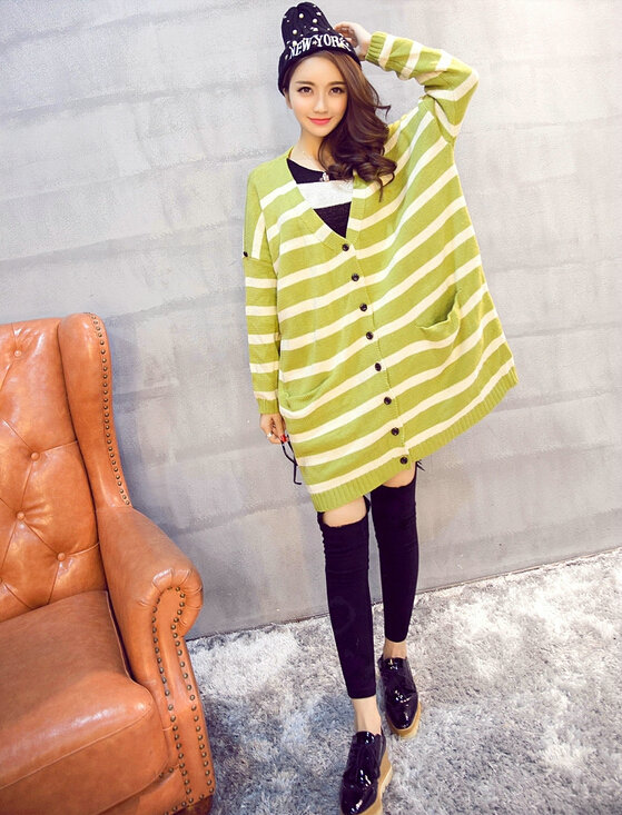 Winter Sweater Cardigan Coat Girls Long Striped Loose Large Size - Green