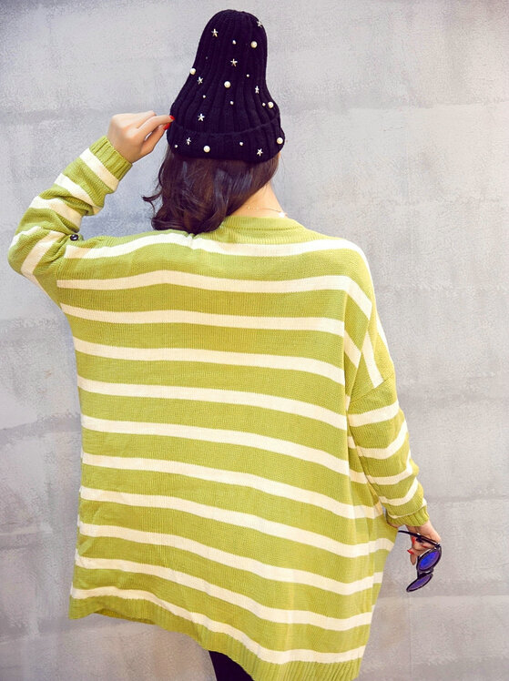 Winter Sweater Cardigan Coat Girls Long Striped Loose Large Size - Green
