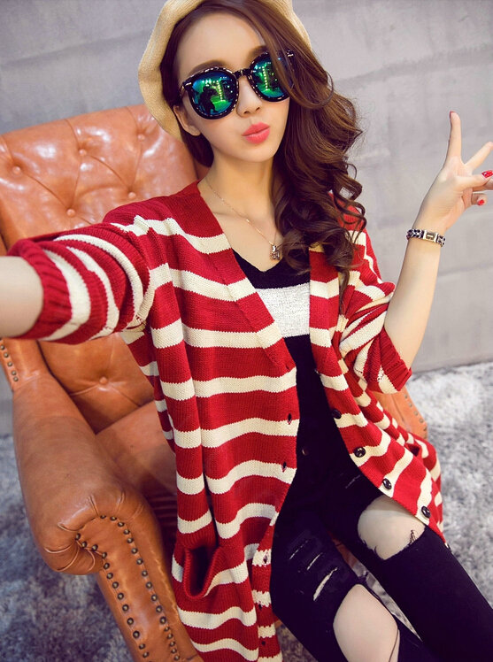 Winter Sweater Cardigan Coat Girls Long Striped Loose Large Size - Red