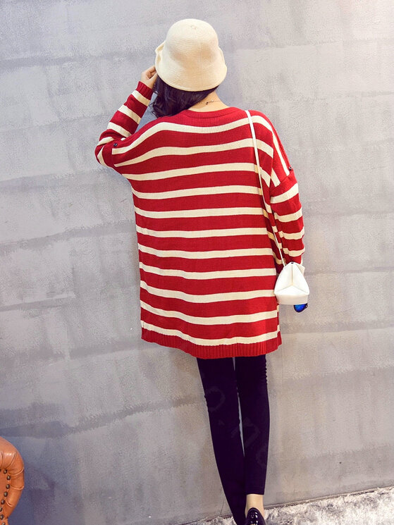 Winter Sweater Cardigan Coat Girls Long Striped Loose Large Size - Red