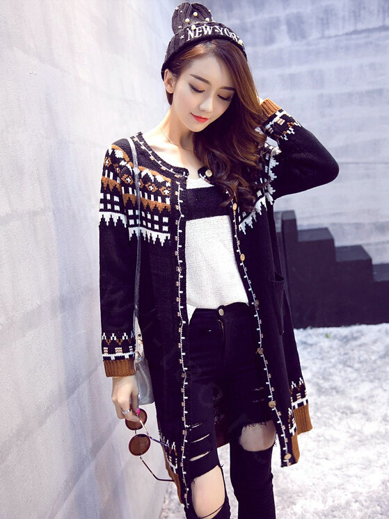 Winter Sweater Cardigan Coat Long Neck Female Stitching Thick Warm Button - Black