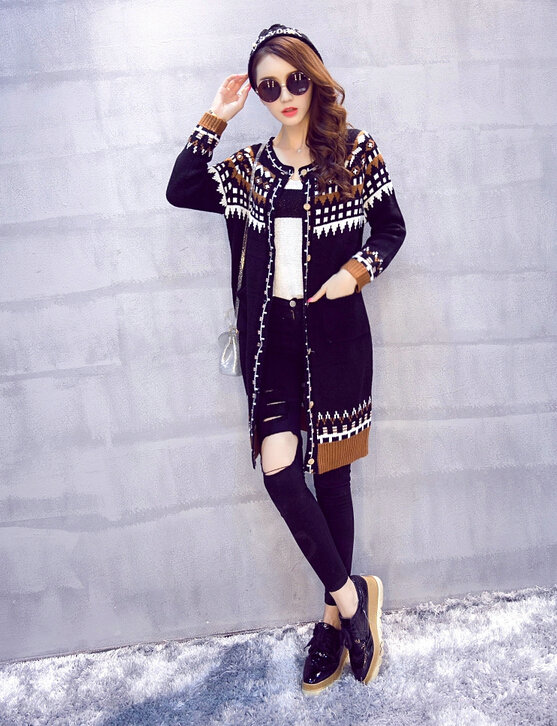 Winter Sweater Cardigan Coat Long Neck Female Stitching Thick Warm Button - Black