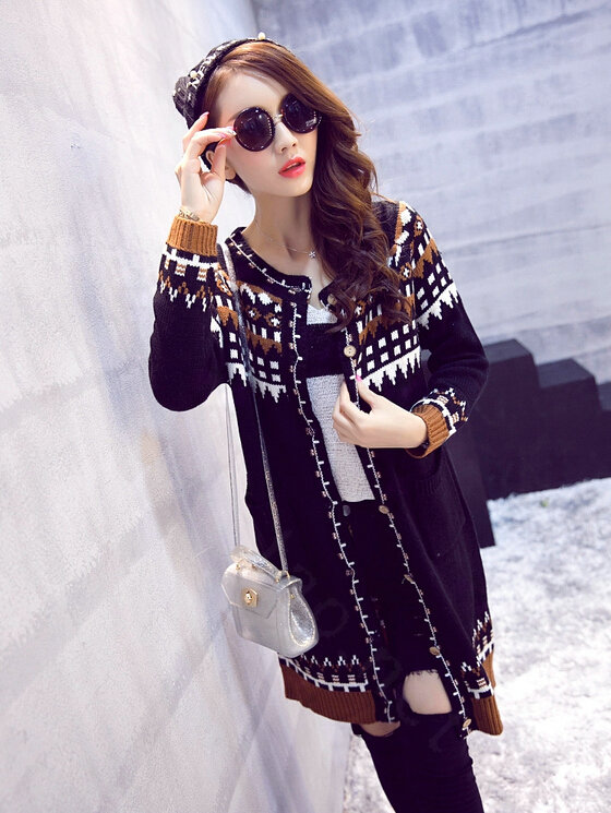 Winter Sweater Cardigan Coat Long Neck Female Stitching Thick Warm Button - Black