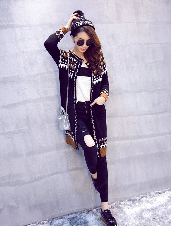 Winter Sweater Cardigan Coat Long Neck Female Stitching Thick Warm Button - Black