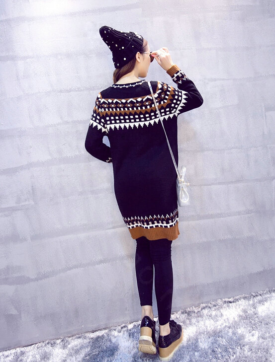 Winter Sweater Cardigan Coat Long Neck Female Stitching Thick Warm Button - Black