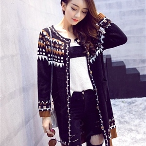 Winter Sweater Cardigan Coat Long Neck Female Stitching Thick Warm Button - Black
