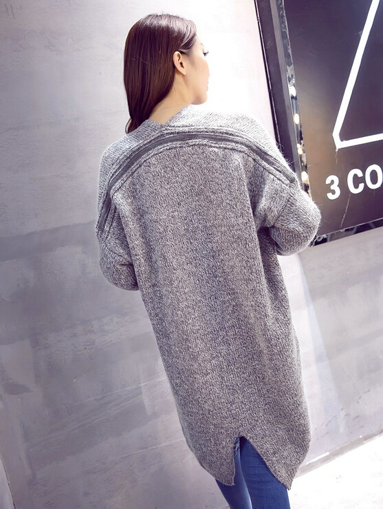 Winter Sweater Cardigan Coat Loose Thin Flat Knitted Solid Long - Grey