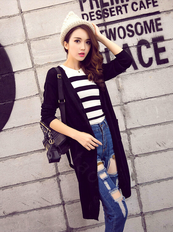 Winter Sweater Cardigan Flat Knitted Fashion Temperament Back Eyes - Black
