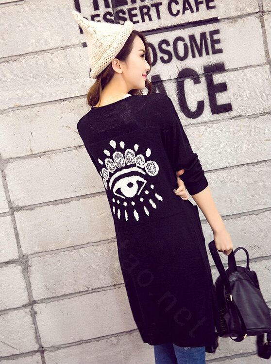 Winter Sweater Cardigan Flat Knitted Fashion Temperament Back Eyes - Black