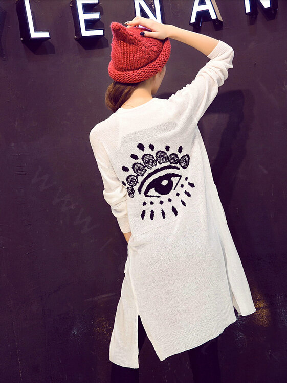 Winter Sweater Cardigan Flat Knitted Fashion Temperament Back Eyes - White