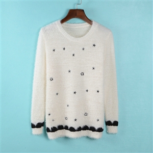 Winter Sweater Comfort O-Neck Thick Thin Wool Embroidery Girl - White