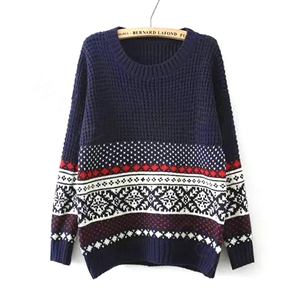 Winter Sweater Cotton Women Round Collar Snow Flower Loose Knitted Pullover - Blue