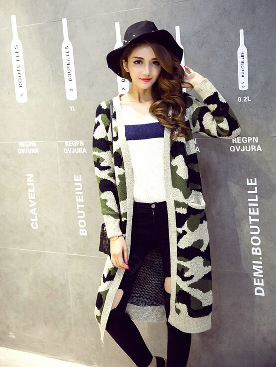 Winter Sweater Fashion Camo Cardigan Girls Long Slim All-Match Tide - Green