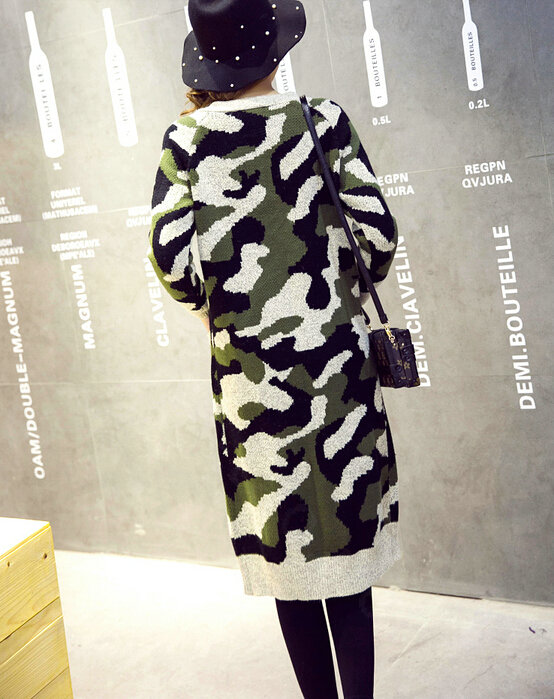 Winter Sweater Fashion Camo Cardigan Girls Long Slim All-Match Tide - Green