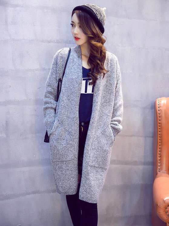 Winter Sweater Fashion Cardigan Female Coat Flat Knitted Long Thick Warm Loose - Grey