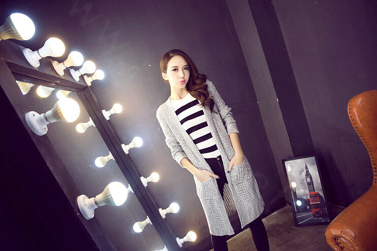 Winter Sweater Fashion Cardigan Solid Female British Style Hollow Thin - Grey