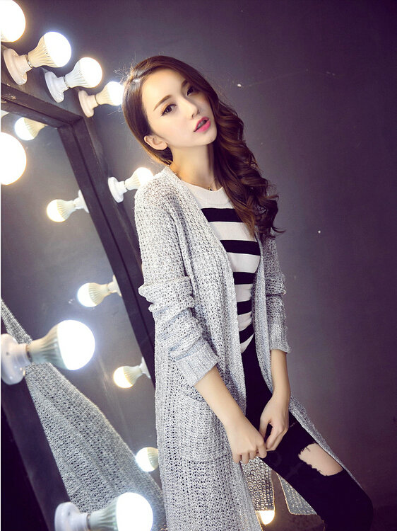 Winter Sweater Fashion Cardigan Solid Female British Style Hollow Thin - Grey